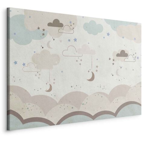 Immagine - Cielo nuvoloso di notte - Lune dai toni marroni e beige tra le nuvole e numerose stelle su uno sfondo chiaro / Notte fiabesca nuvolosa