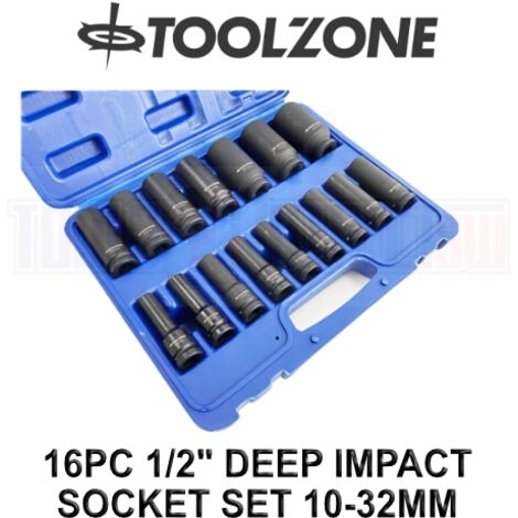 IMPACT DEEP SOCKET SET 16PC 1/2"" DRIVE METRIC LONG REACH 10-32MM RAIL SS244
