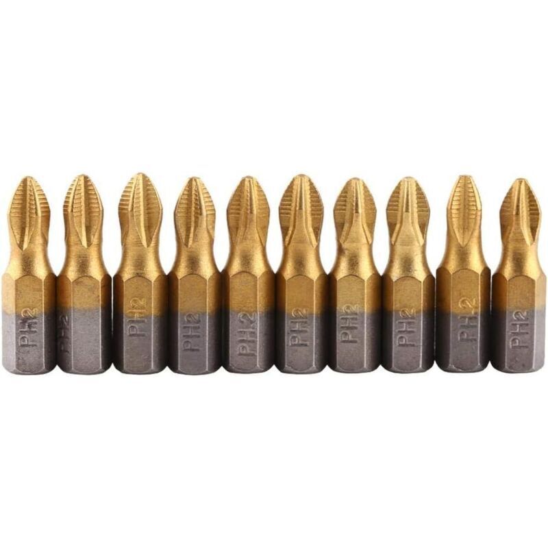 Impact Driver Bit Set, 10 Pcs Magnetic PH2 Screwdriver Bits, Phillips Head, Titanium Coated, 1/4