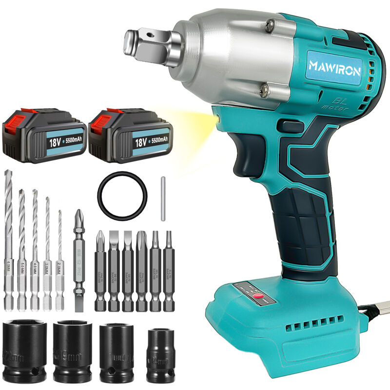 Teetok - Impact Wrenches, 1/2 Inch Brushless Cordless Impact Wrench Driver Drill,Max Torque 450 Nm, 3000 rpm with 2x 5.5 Batteries+Charger, 4x