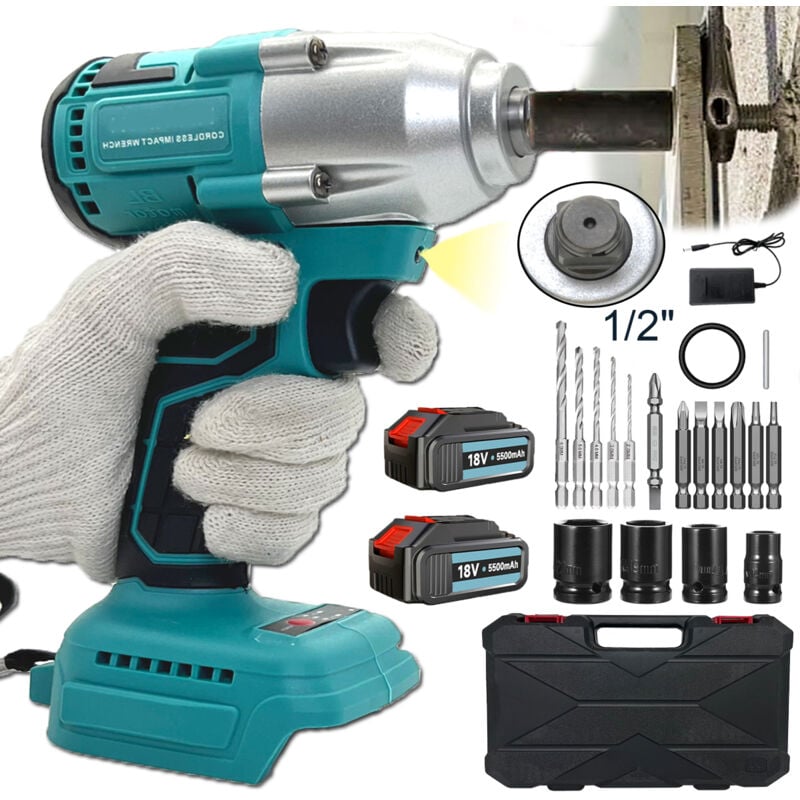 450Nm 1/2' Brushless Cordless Electric Impact Wrench Driver Drill, Ratchet Screwdriver, with 2x 5.5A Batteries, 4x Sockets (14/17/19/22mm), 5x