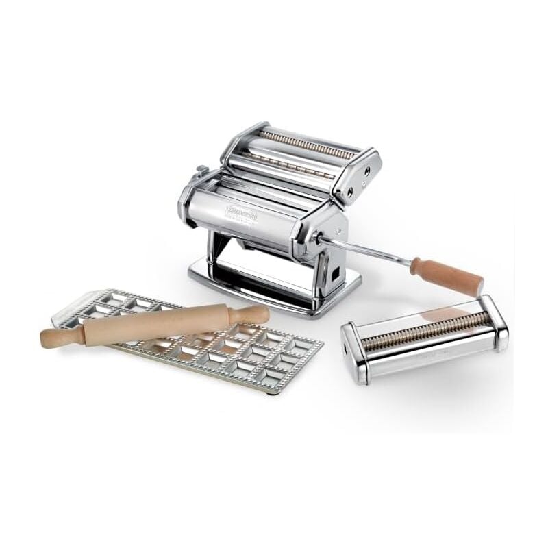Coffret cadeau composé d'iPasta t. 2/6,5 mm Classica, d'un moule à ravioli, d'un coupe-pâtes et d'un rouleau à pâtisserie. - Imperia