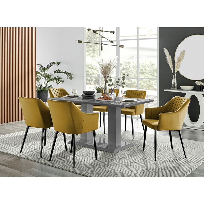 Furniturebox imperia 6 Grey Dining Table and 6 Mustard Calla Velvet Dining Chairs With Black Legs