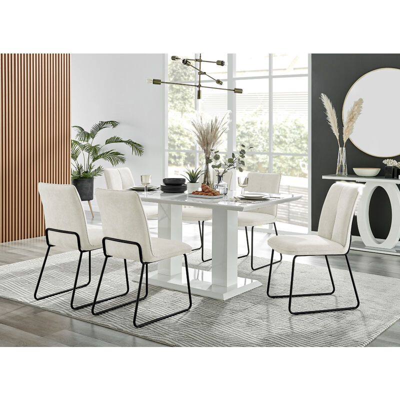 Furniturebox Imperia 6 White Dining Table and 6 Cream Halle Dining Chairs