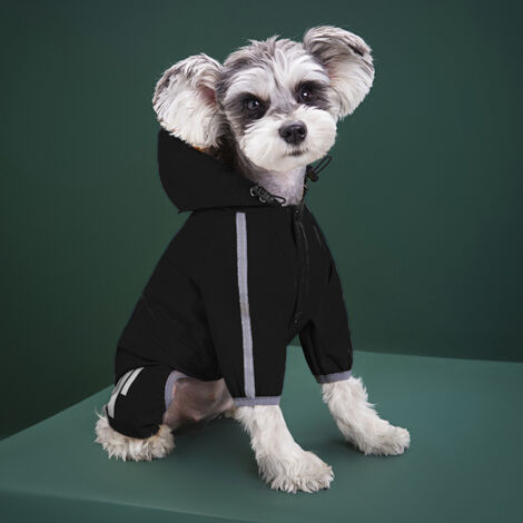 Impermeabile nero a forma di L per cani, impermeabile con cappuccio, impermeabile con aperture per il guinzaglio, strisce riflettenti, per cani di piccola e media taglia, leggero per avventure/passegg