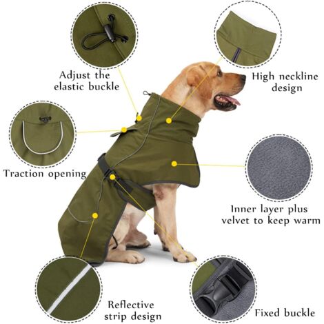 Impermeabile per cani - Cappotto invernale impermeabile e antivento per cani, fodera in velluto, strisce riflettenti, verde, taglia S