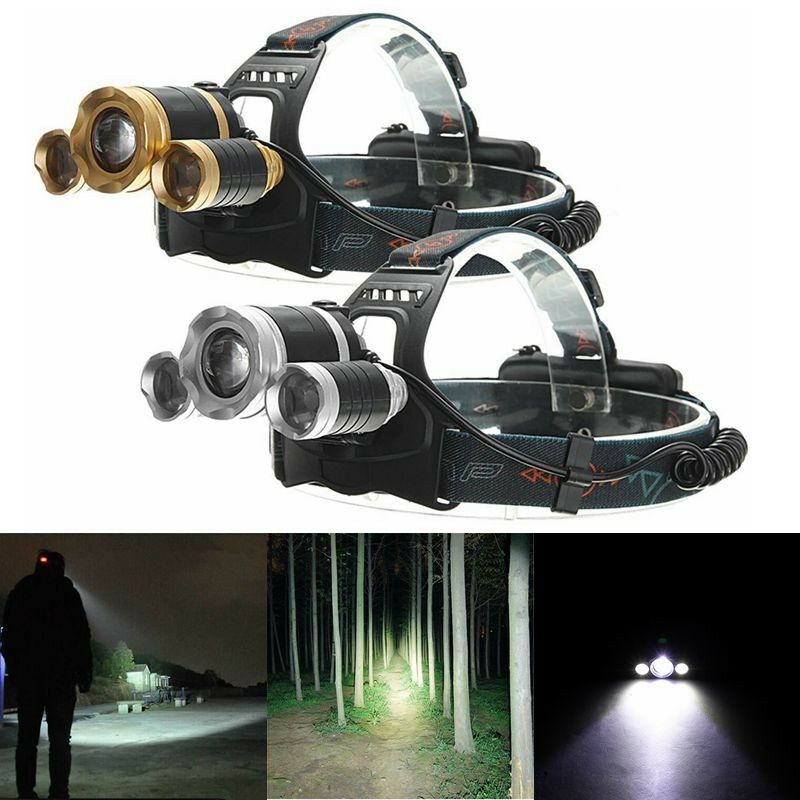 

Impermeable con zoom 4 modos T6 Luz LED Faros de aluminio Faros delanteros Par 2x 18620 Batería Camping Senderismo Lámpara de faros plateados