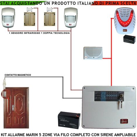 Impianto Antifurto Kit Marin Centrale a 5 Zone 2 Sensori di Movimento 2 Contatti Magnetici 1 Contatto Magnetico Per Infissi Metallici Sirena Interna ed Esterna Lampegggiante 2 Chiavi Doppio Profilo