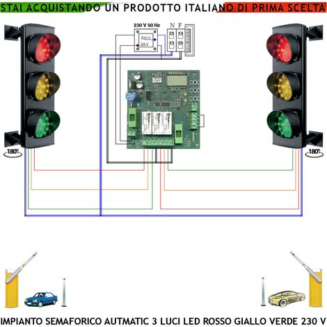 Impianto Semaforico Semaforo Orientabile 180° 24 Led Rossi 24 Led Gialli 24 Led Verdi 230 V 50 Hz 3 W CE IP65 Centrale Funzione Ciclica Tempi Regolabili da 3 a 240" Ingresso Uscita Veicoli Condominio