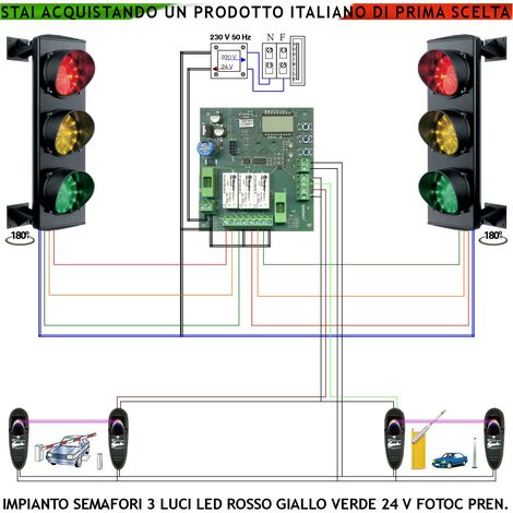 Impianto Semaforo 3 Luci 3 Schede da 24 Led Rossi 24 Led Gialli 24 Led Verdi 24 V IP65 Centrale 220/24 V 50 Hz Con Funzioni Controllate da 2 Coppie di Fotocellule Tempi Regolabili da 3 a 240 Secondi P