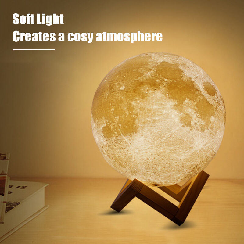 

Impresion 3D Tocando la luz de la luna USB recargable de 2 colores regulable lampara de noche decoracion del dormitorio con soporte de madera,15cm