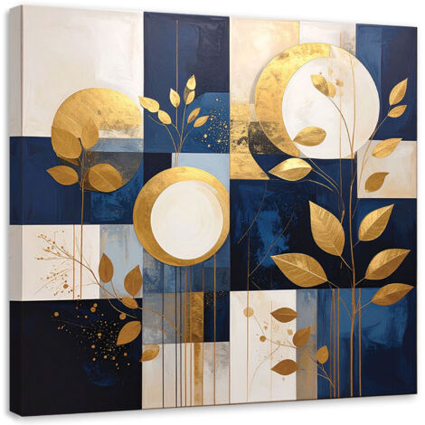 Impresión de Imagen, Abstracción de círculos y hojas en azul y dorado, 20x20
