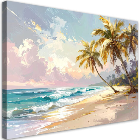 Impresión de Imagen, Paisaje de playa con palmeras y mar imitación oro, 30x20