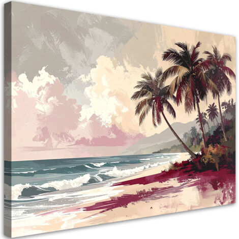 Impresión de Imagen, Playa tropical con palmeras y mar en tonos burdeos y beige, 30x20