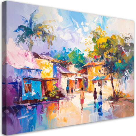 Impresión de Imagen, Pueblo abstracto de colores casas personas, 45x30