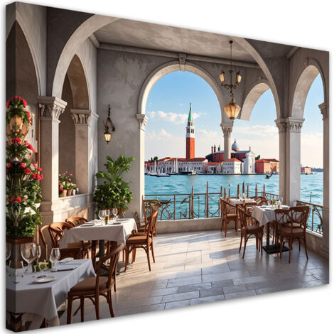 Impresión de Imagen, Restaurante de Venecia con vistas a la ciudad y al canal, 60x40