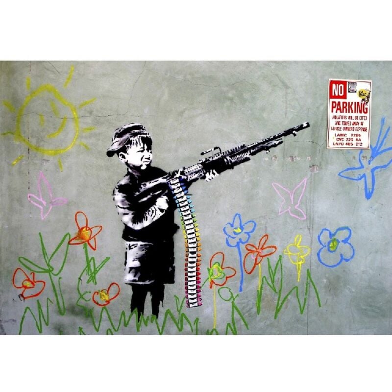 Impression sur Toile Banksy Enfant avec Arme, Polyester, Bois, Multicouleur, 100x3x70 cm