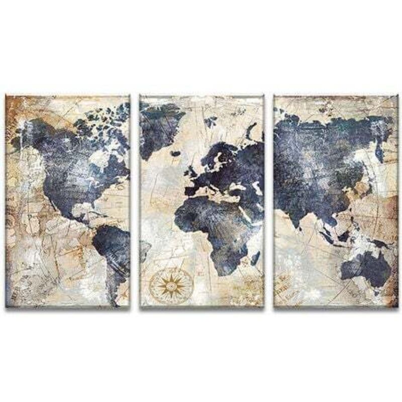 Impression sur toile intissee Carte du monde tableau 3 parties tableaux decoration murale photo 3060 cm