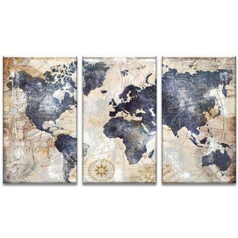 Impression sur toile intissee Carte du monde tableau 3 parties tableaux decoration murale photo 3060 CM