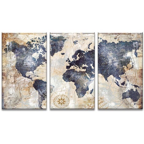 Impression sur toile intissee Carte du monde tableau 3 parties tableaux decoration murale photo 3060 CM