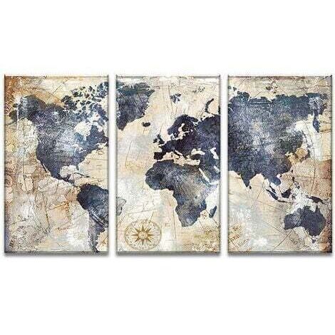 Impression sur toile intissee Carte du monde tableau 3 parties tableaux decoration murale photo 3060 CM