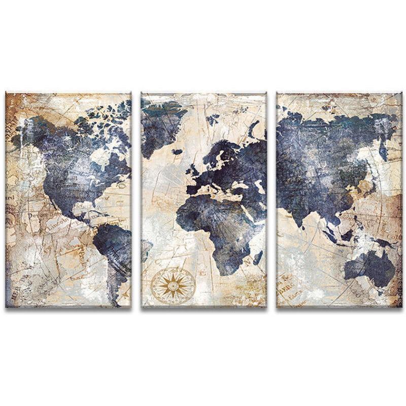 Impression sur toile intissee Carte du monde tableau 3 parties tableaux decoration murale photo 3060 cm