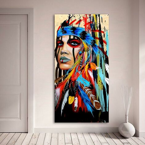 Impression sur toile portrait pour salon, femme indienne avec plumes et fierté, décoration d'intérieur (60 x 120 cm, sans cadre)