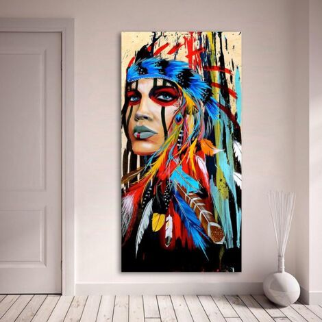Impression sur toile portrait pour salon, femme indienne avec plumes et fierté, décoration d'intérieur (60 x 120 cm, sans cadre)