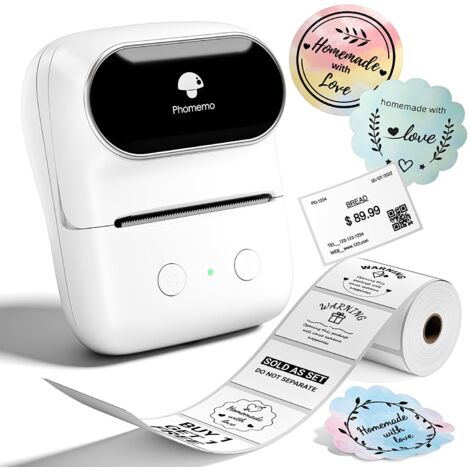 Imprimante d'étiquettes M108 Bluetooth Auto-adhésive Thermique - Imprimante d'étiquettes Portable pour Codes-Barres, Vente au détail, Bureau, Compatible avec téléphones et système PC - Blanc