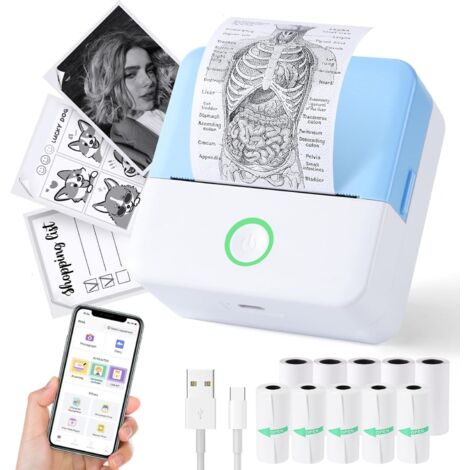 Imprimante Thermique Portable - 2 Pouces - Bluetooth - Batterie Rechargeable 1200 mAh - Résolution 200 dpi - Compatible iOS et Android - 10 Rouleaux Papier - 1 Pièce