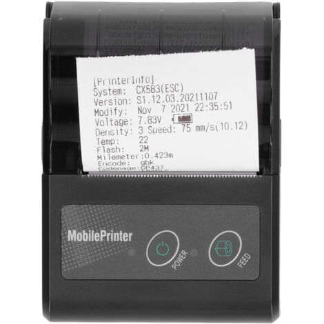 Imprimante thermique portable Bluetooth pour tickets et étiquettes, compatible smartphone, livrée avec rouleau de papier.