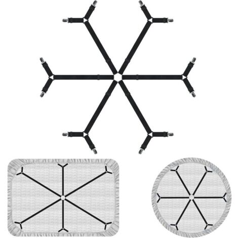 Improved elastic cross bed sheet fasteners, 6-way adjustable cross bed sheet support straps, fitted sheet clips for double, queen, king mattresses (black)