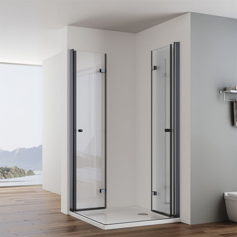 Impts - Noir Cabine de douche accès d'angle double porte bi-pliage Paroi de douche 6mm verre véritable Porte bi-pliage 80x90x185cm Sans bac à douche