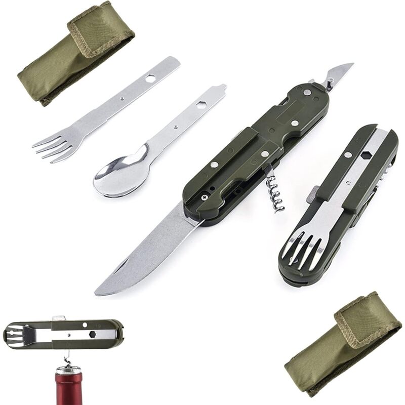 In 1 Camping Cutlery Set, Folding Cutlery, Stainless Steel Cutlery, Travel Cutlery with Oxford Bag, Knife, Fork, Spoon, Bottle Opener for Camping