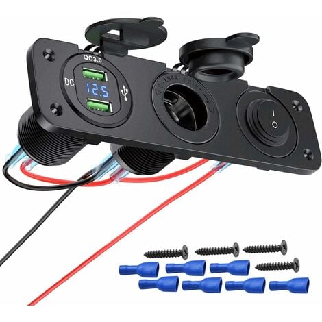 in 1 Charging Power Strip with 12V Socket, QC3.0 Dual USB Socket Charger, Illuminated Rocker Switch for Boats, Trailers, Cars, Buses