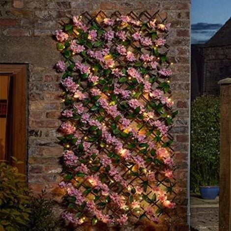 In-Lit Pink Blossom Trellis Leaves and Flowers Artificial Leaf Trellis Panel Spring and Summer Garden Decoration Light Up Climbing Faux Plants Flowers (180 x 60cm)