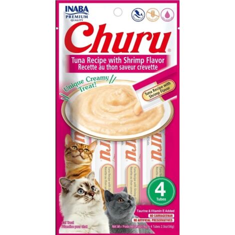 INABA CHURU - FRIANDISES POUR CHATS EN PURÉE AU THON & CREVETTES - 4 TUBES X 14G - DÉLICIEUX SNACKS POUR FÉLINS - TEXTURE LISSE