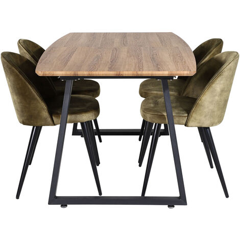 IncaNABL Essgruppe Esstisch Ausziehbarer Tisch Länge cm 160 / 200 El Holz dekor und 4 Velvet Esszimmerstühle Velour grün, schwarz.