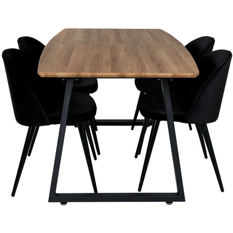 IncaNABL Essgruppe Esstisch Ausziehbarer Tisch Länge cm 160 / 200 El Holz dekor und 4 Velvet Esszimmerstühle Velour schwarz.