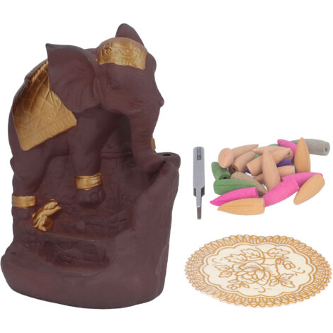 Incense Holder Elephant Backflow Waterfall Ceramic Aromatherapy Holder with 20pcs Incense Cones and 1 Pad
