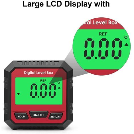 Inclinometro digitale con display LCD e retroilluminazione magnetica, ideale per applicazioni in ambito di lavorazione del legno, edilizia e settore automobilistico.