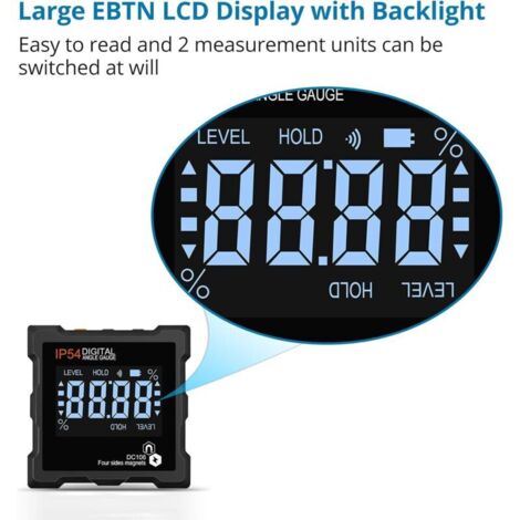 Inclinometro digitale LCD a 360°, inclinometro digitale magnetico, inclinometro elettronico, spegnimento automatico, con retroilluminazione magnetica, 4 lati magnetici, impermeabile IP54 (con batterie
