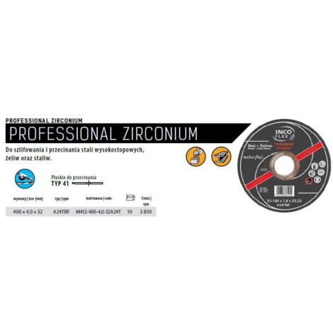 Incoflex tarcza do metalu 400 x 4,0 x 32mm professional zirconium do stali wysokostop./żeliw/staliw