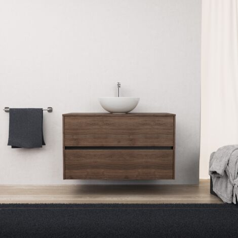 Inda - Badezimmerschrank 2 Schubladen L.100 mit Aufsatzwaschbecken / Braune Eiche - Diamante