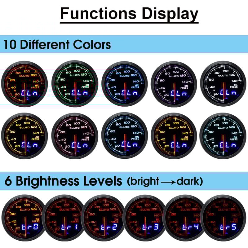 Indicateur de pression d'huile universel Eluto 2 ''52mm 12V avec capteur 10 couleurs led visage teinté psi Fantablau