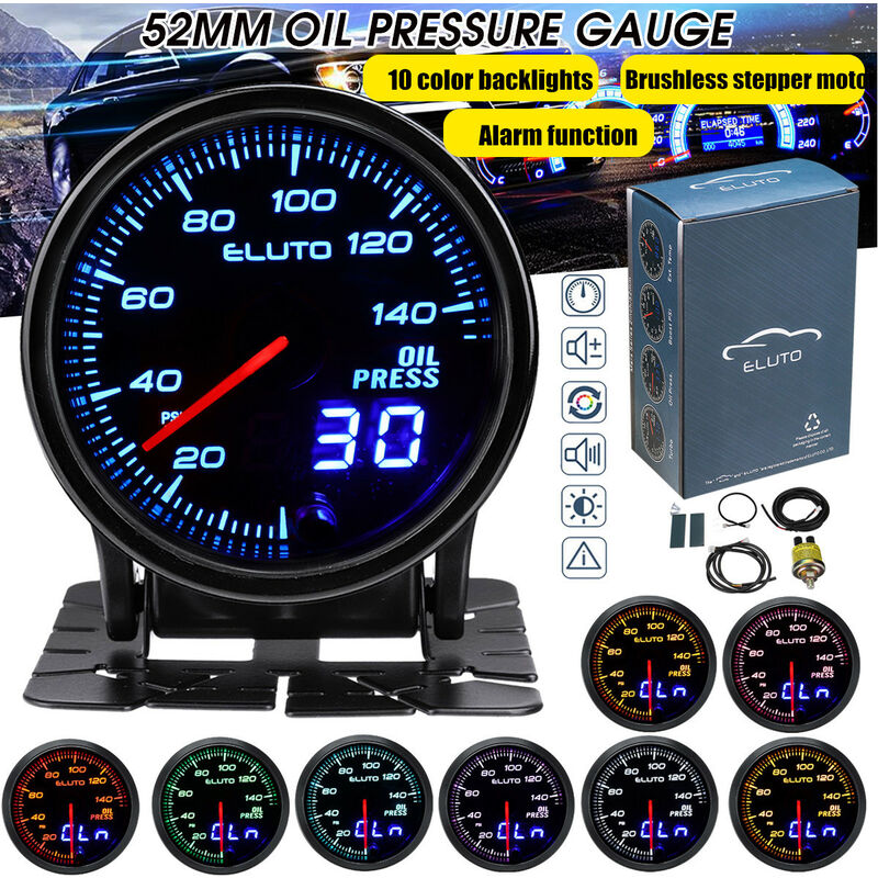 Indicateur de pression d'huile universel Eluto 2 ''52mm 12V avec capteur 10 couleurs led visage teinté psi ZebraA