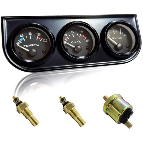 Indicatore triplo 3 in 1 da 52 mm per temperatura acqua/olio e manometro olio con console cruscotto nera, adatto universale per auto, camion, SUV, 12 V (alloggiamento in alluminio impermeabile, instal