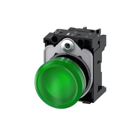 Indicatori luminosi, 22 mm, rotondi, in metallo, lucido, verde, trasparente, liscio, con supporto, modulo LED con LED integrato 110 V AC, morsetto a vite