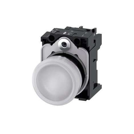 Indicatori luminosi, 22 mm, tondi, in metallo, lucidi, bianchi, lente, liscia, con supporto, modulo LED con LED integrato 24 V AC/DC, morsetto a vite
