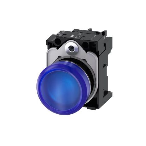 Indicatori luminosi, 22 mm, tondi, in metallo, lucidi, blu, lente, lisci, con supporto, modulo LED con LED integrato 24 V AC/DC, morsetto a vite